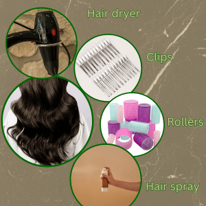 Collage of hairstyling tools and products which fashion of mehasa offers