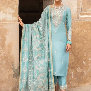 a woman in 3 piece Shalwar kameez